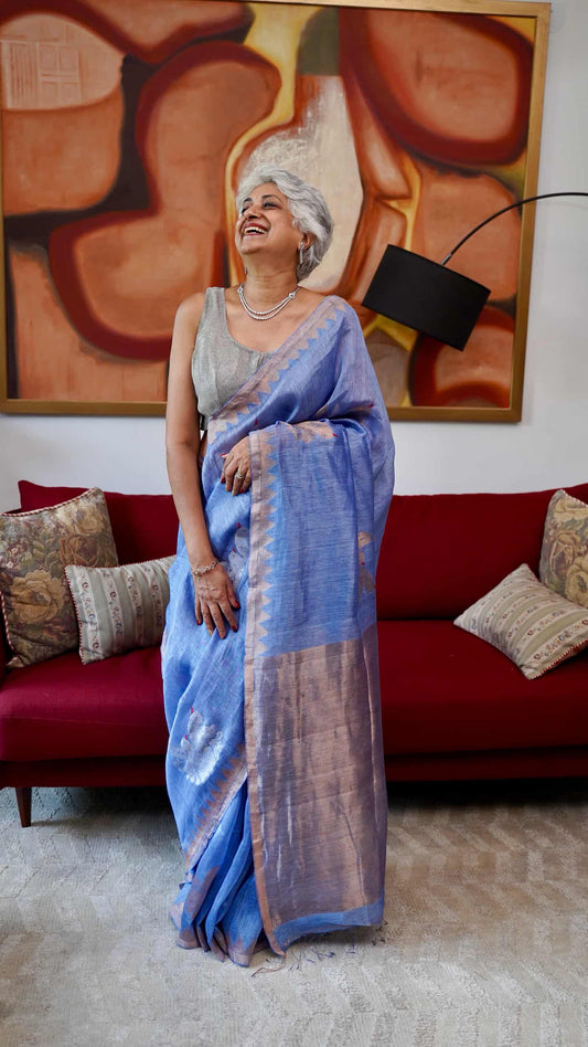 Powder Blue Silk Linen Saree- Twin Birds