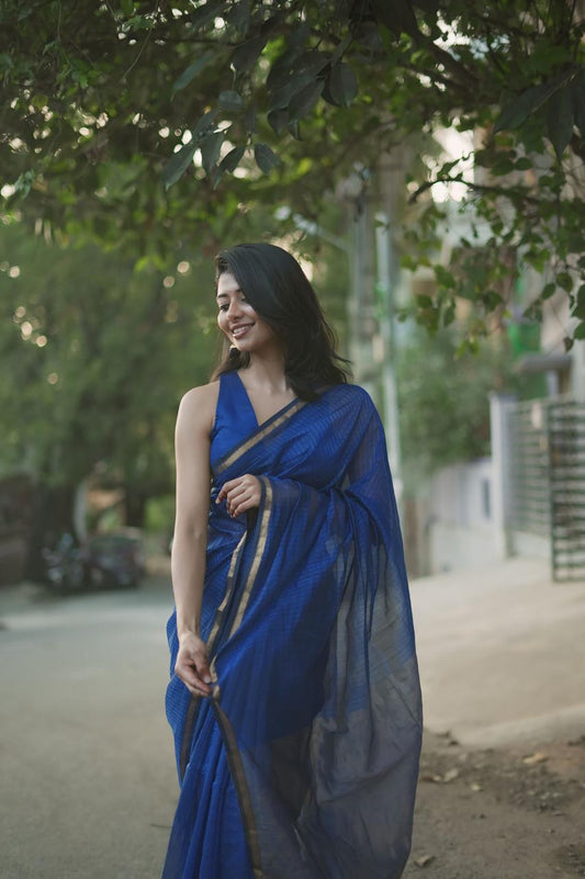 Blue Maheshwari Saree with Zari stripes
