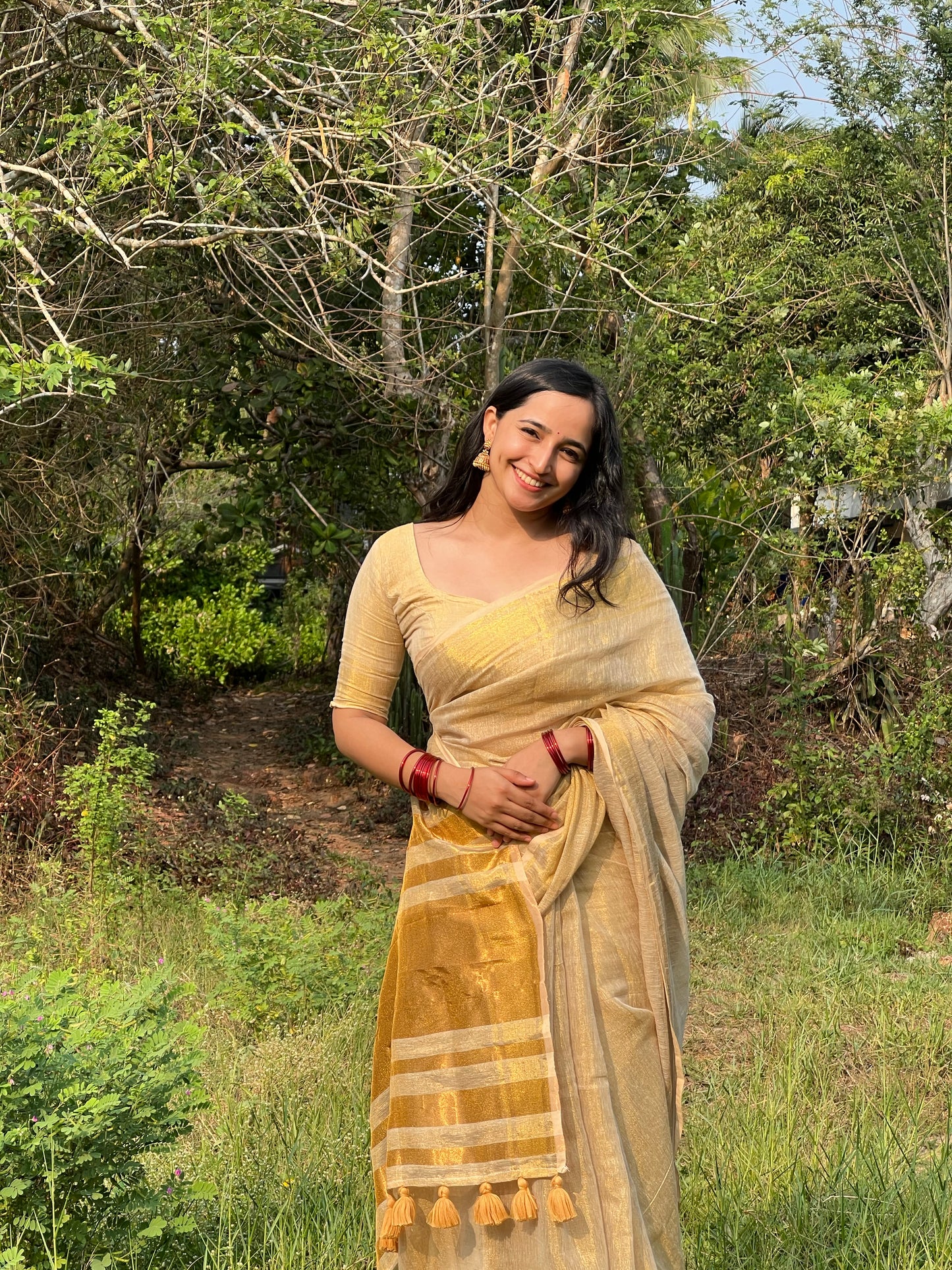 Golden Tissue Linen Saree