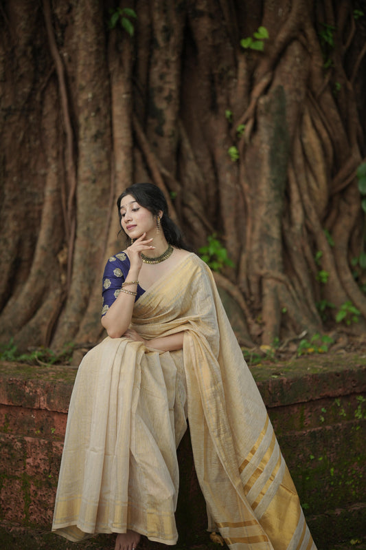 Golden Tissue Linen Saree