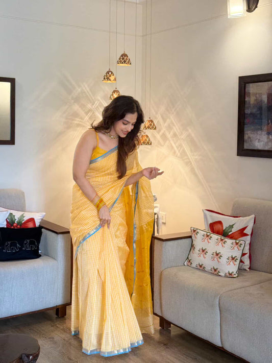 Yellow Checks Maheshwari Silk Cotton