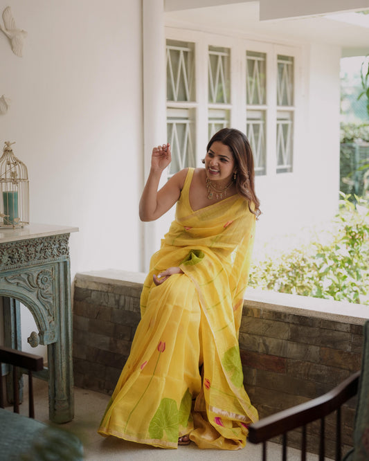 Yellow Silk Linen Saree- Lotus