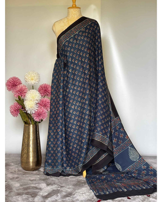 Small Lotus Ajrakh Modal Silk Saree - Blue