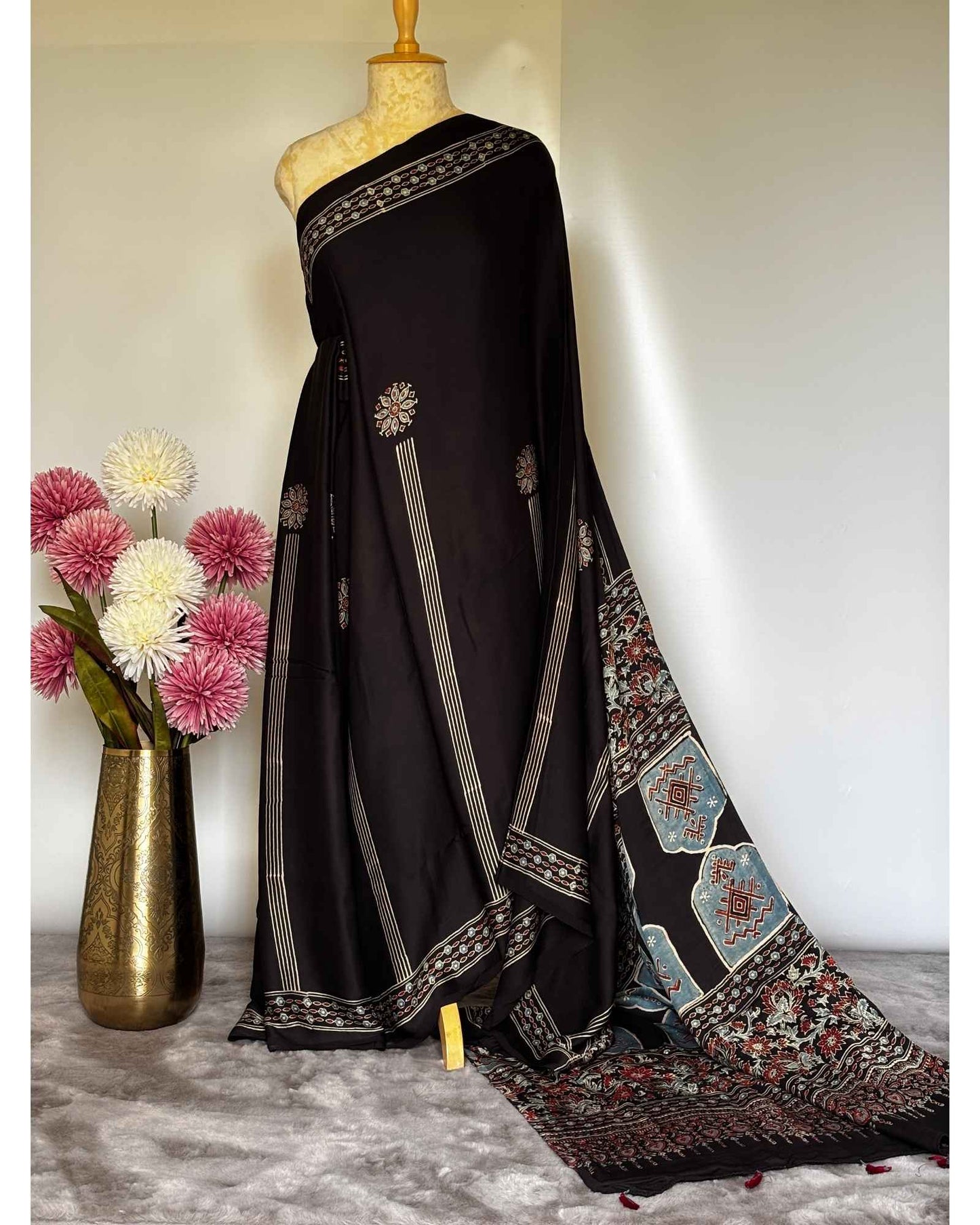 Black Striped Ajrakh Modal Silk Saree