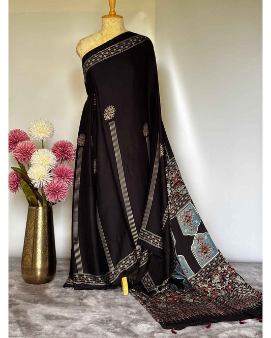 Black Striped Ajrakh Modal Silk Saree