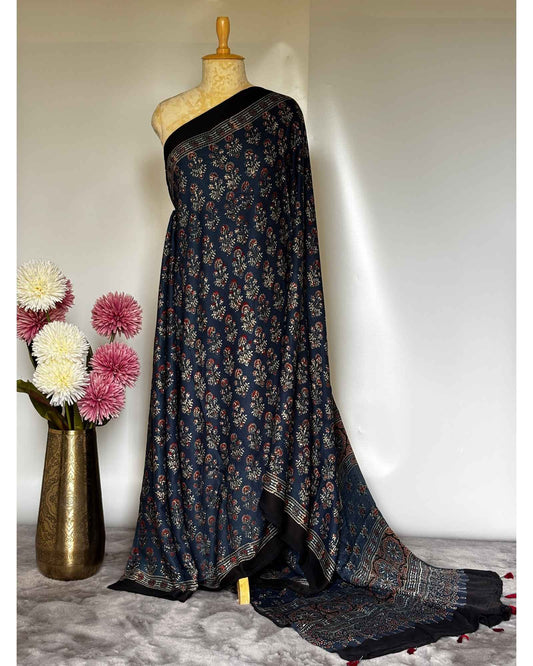 Blue Marigold Ajrakh Modal Silk Saree