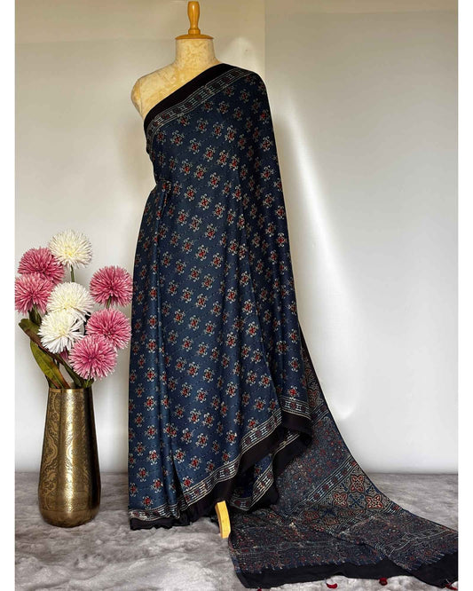 Blue Small Butta Ajrakh Modal Silk Saree
