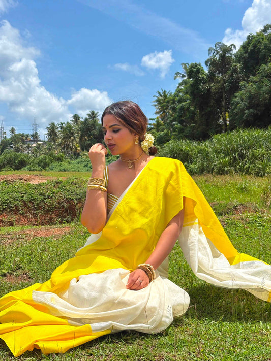 Off White and Yellow Linen Saree