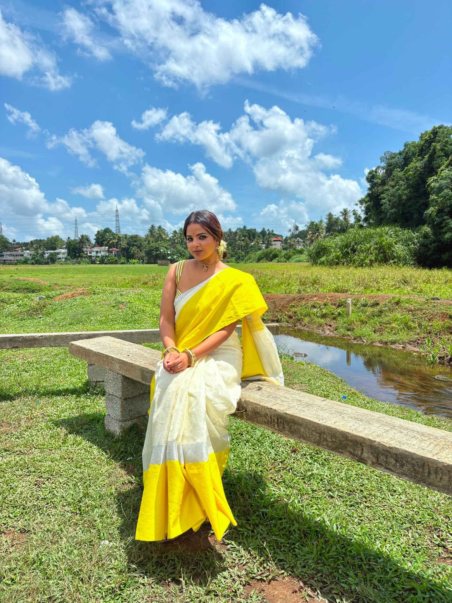 Off White and Yellow Linen Saree