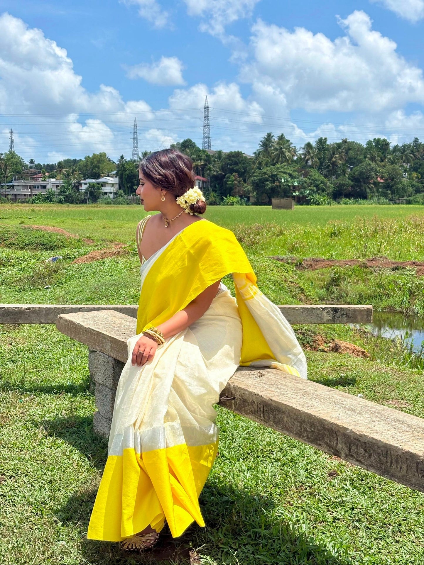 Off White and Yellow Linen Saree