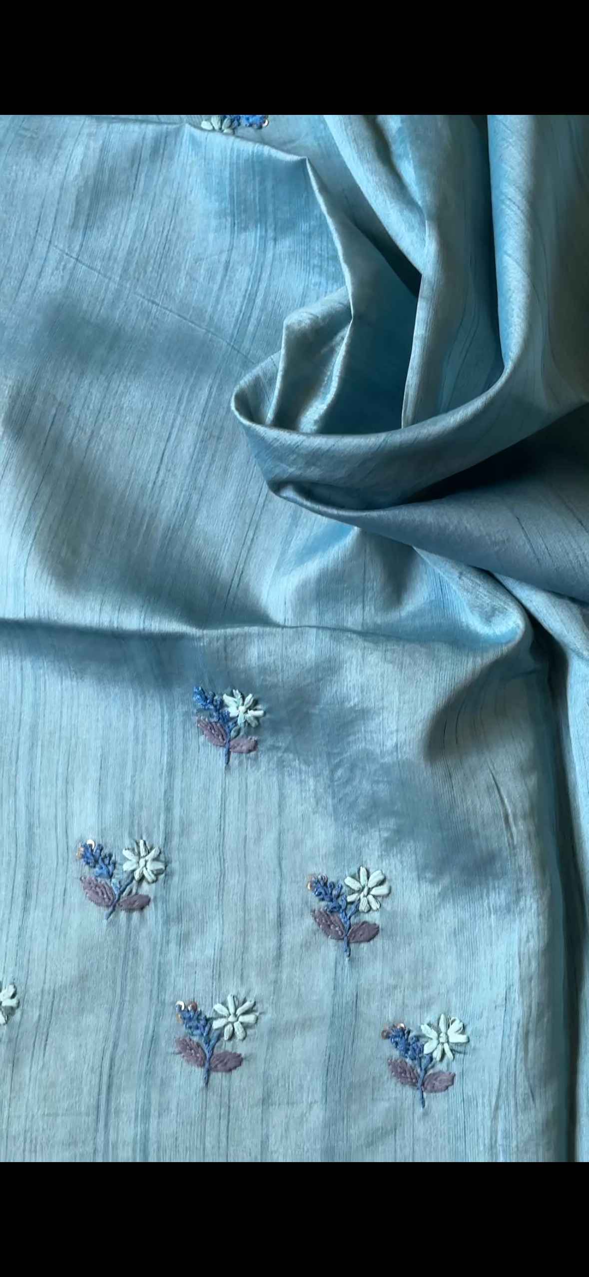 Blue Semi Tussar Saree with Kantha Work