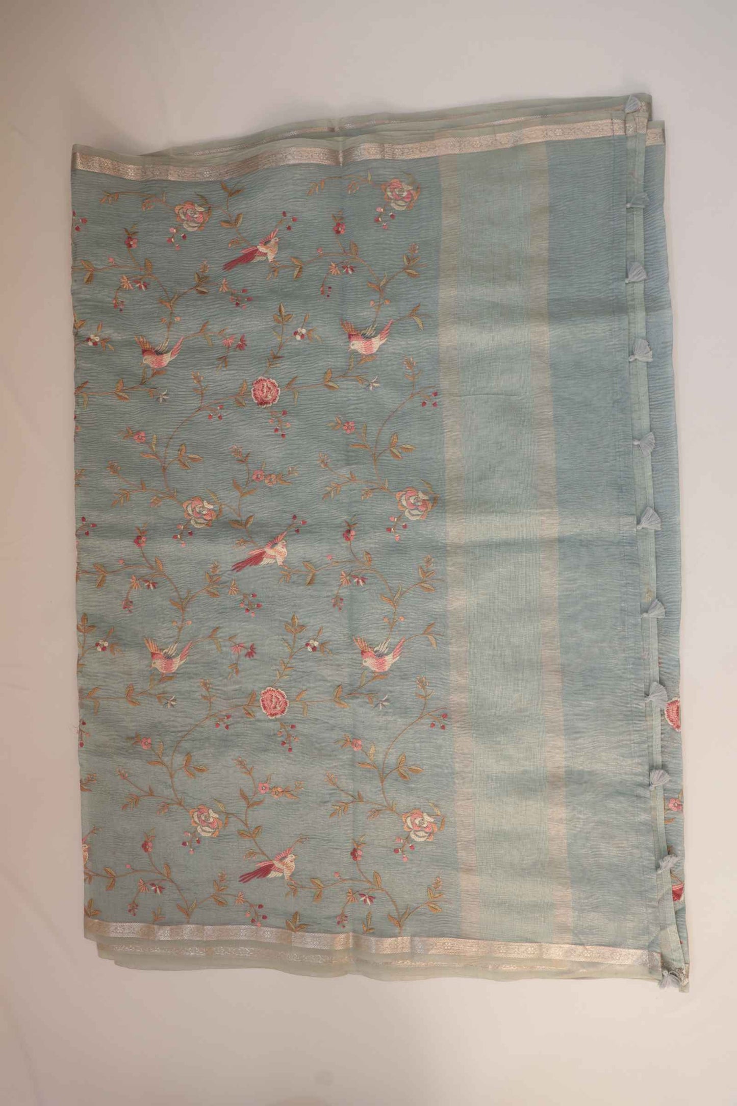 Pastel Blue Crush Tissue Saree with Parsi Gara embroidery