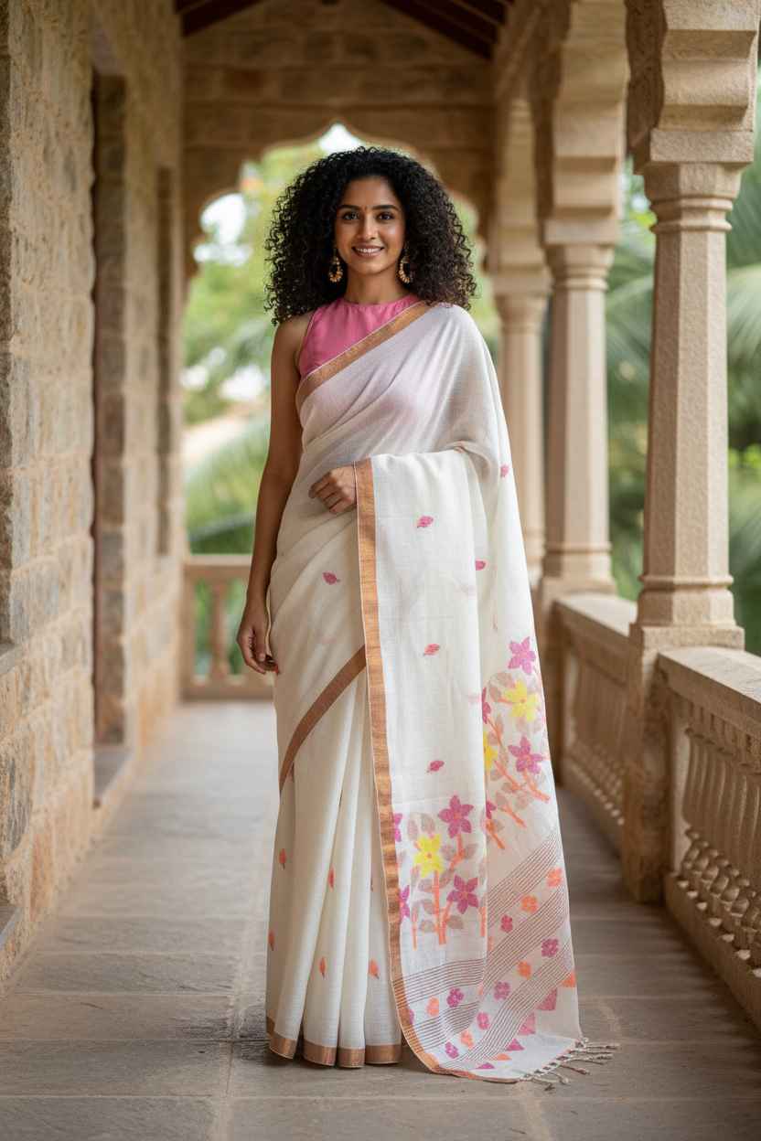 Off White Linen Jamdani Saree