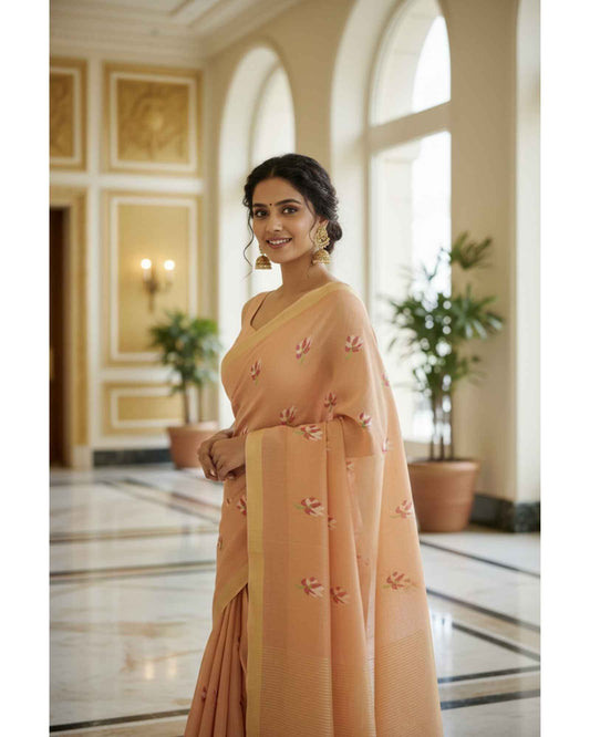 Orangish Peach Tissue Linen Saree- Lotus