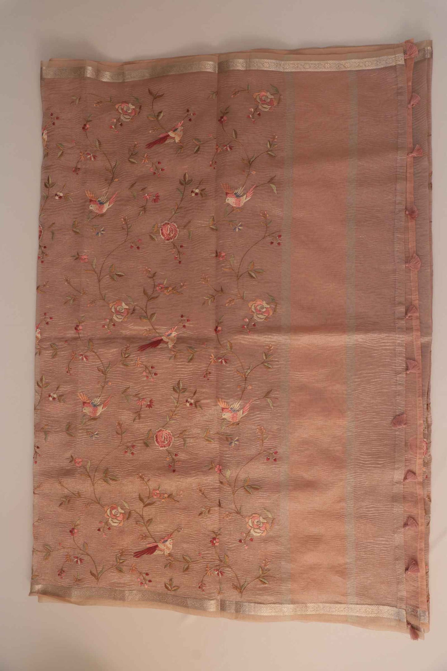 Pastel Pink Crush Tissue Saree with Parsi Gara embroidery