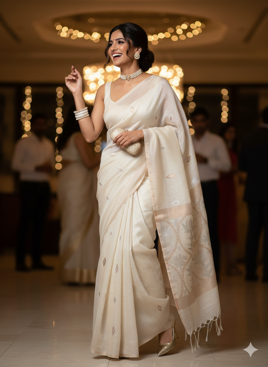 Off White Silk Linen Saree