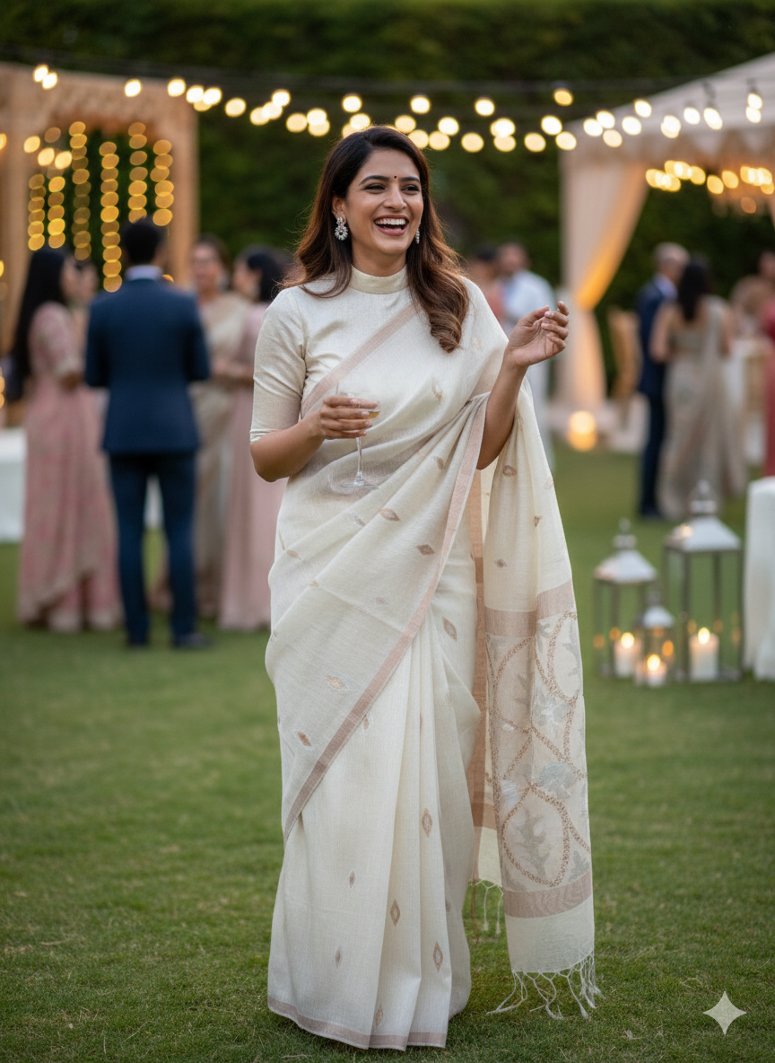 Off White Silk Linen Saree