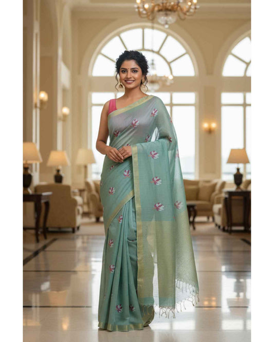 Bluish Green Tissue Linen Saree- Lotus