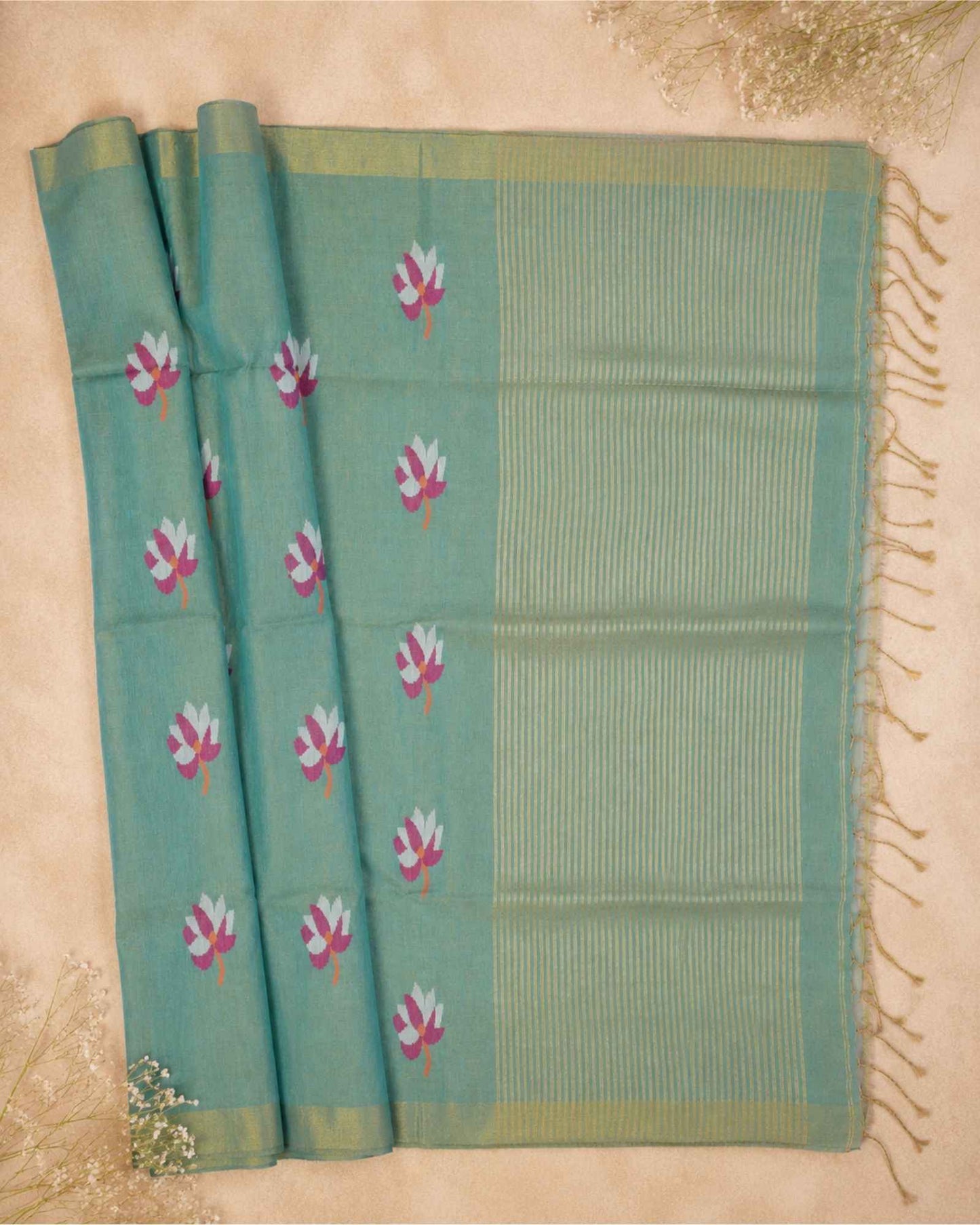 Bluish Green Tissue Linen Saree- Lotus