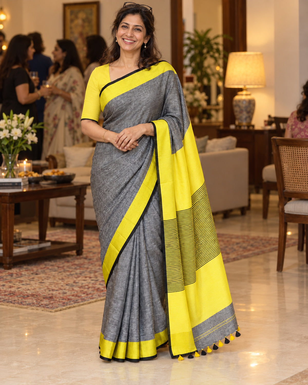 Silver Sunshine- Grey and Yellow Linen Saree