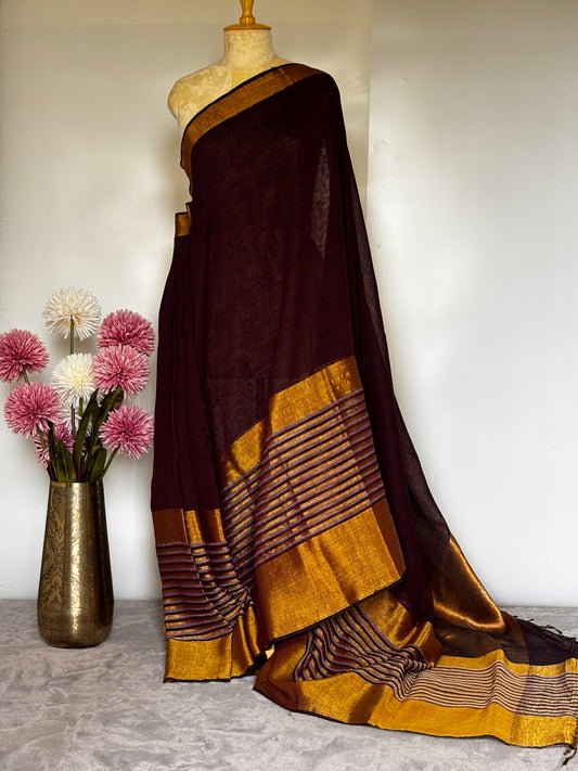 Brown Striped Mahapaar Linen Saree