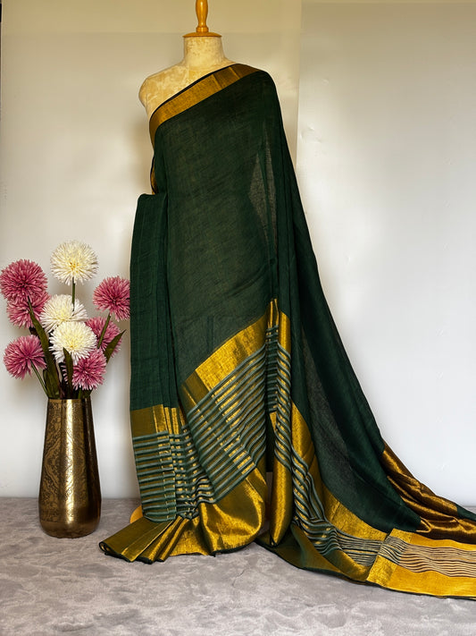 Bottle Green Striped Mahapaar Linen Saree