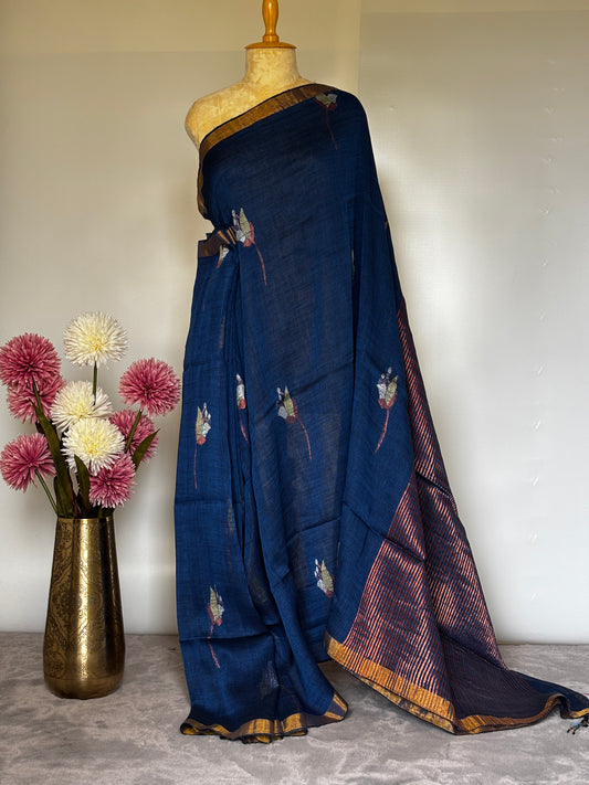 Tulip Linen Saree- Blue