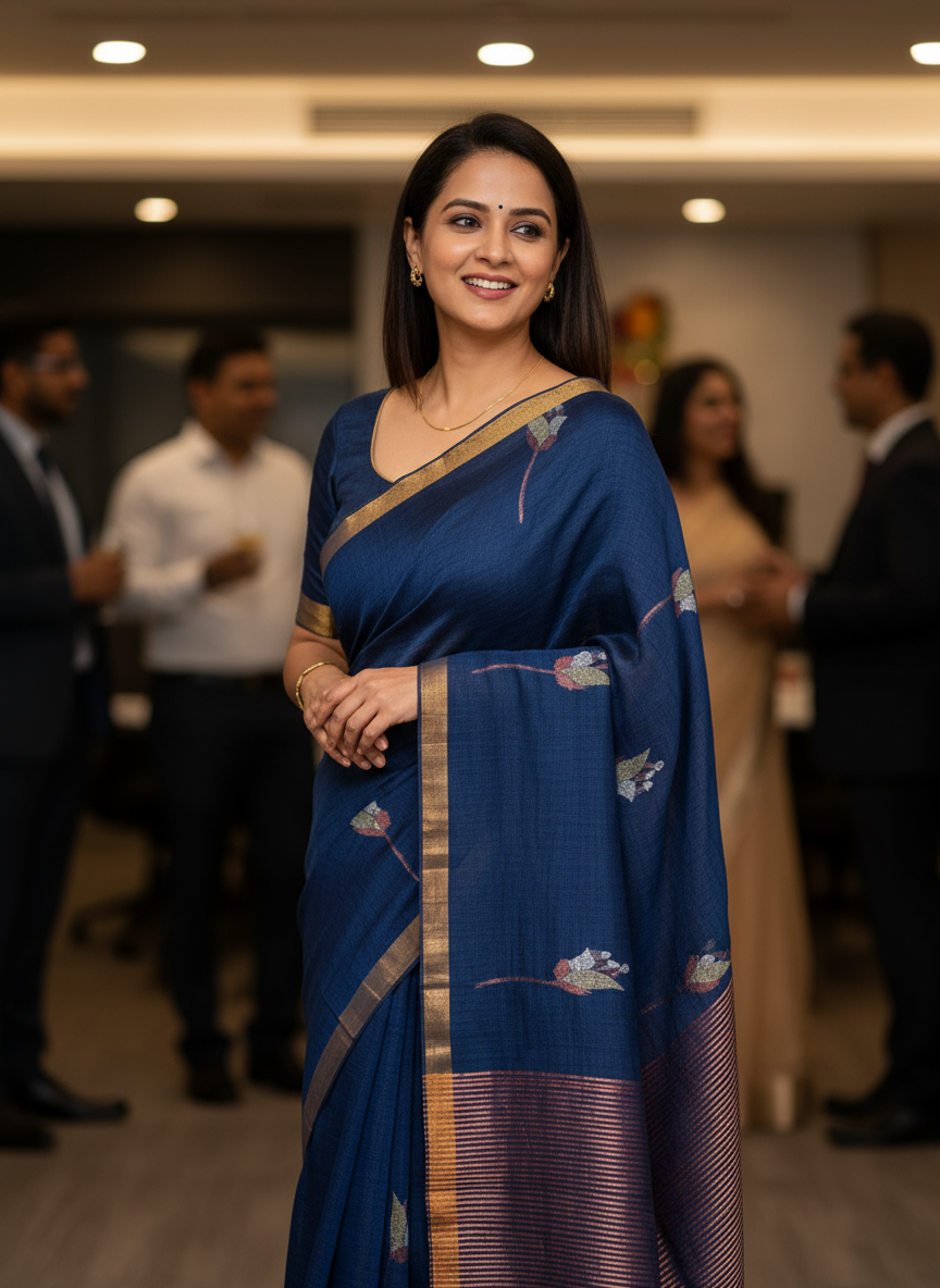 Tulip Linen Saree- Blue