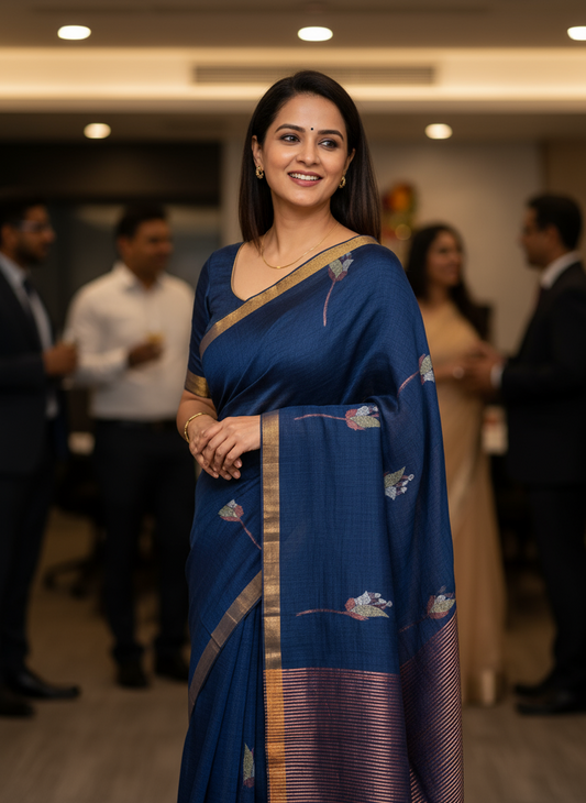 Tulip Linen Saree- Blue