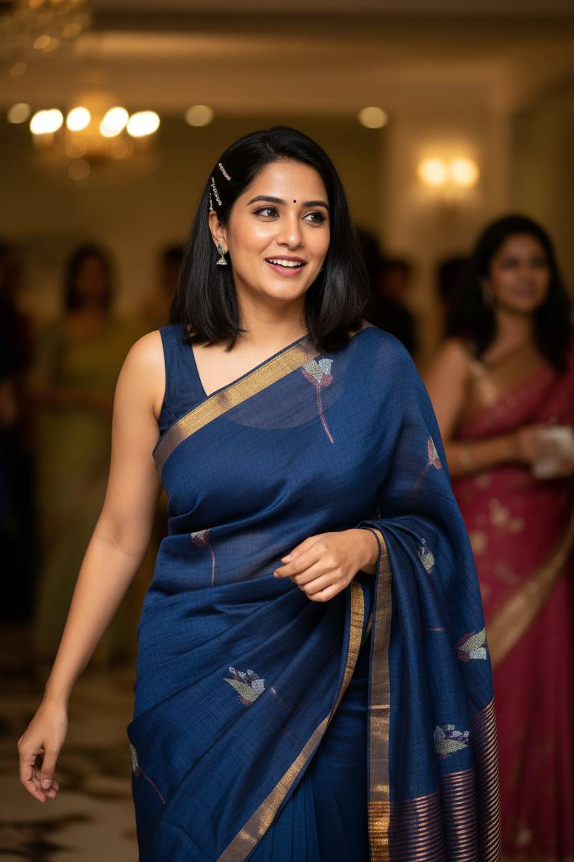 Tulip Linen Saree- Blue