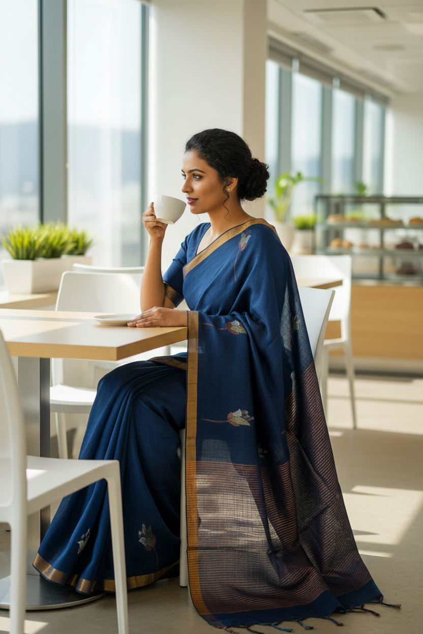 Tulip Linen Saree- Blue