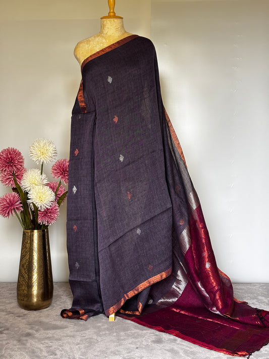 Grey and Magenta Linen Saree