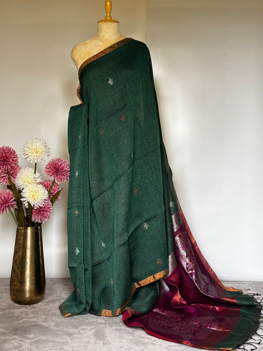 Green and Magenta Linen Saree