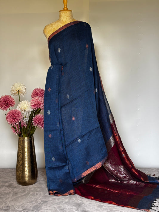 Blue and Maroon Linen Saree