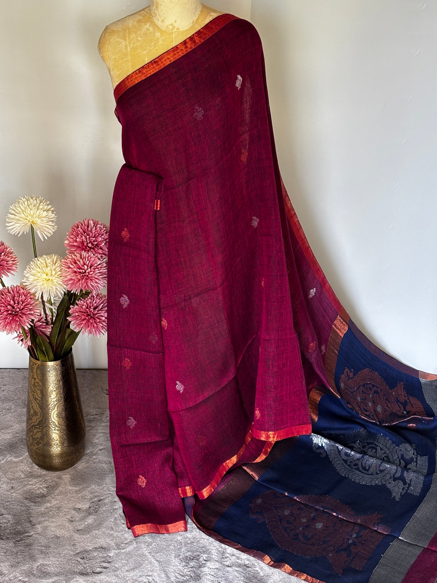 Magenta and Blue Linen Saree