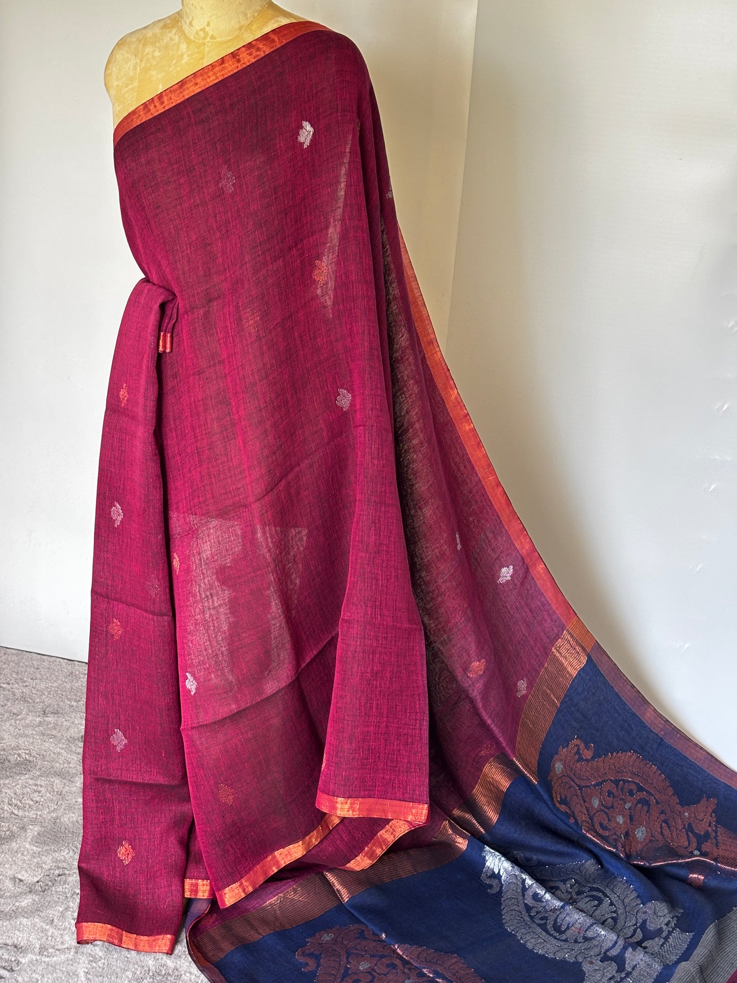 Magenta and Blue Linen Saree