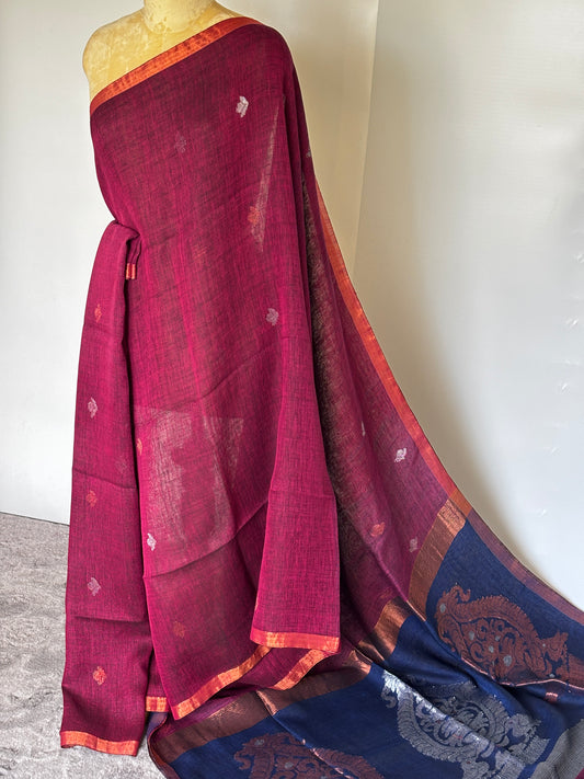 Magenta and Blue Linen Saree