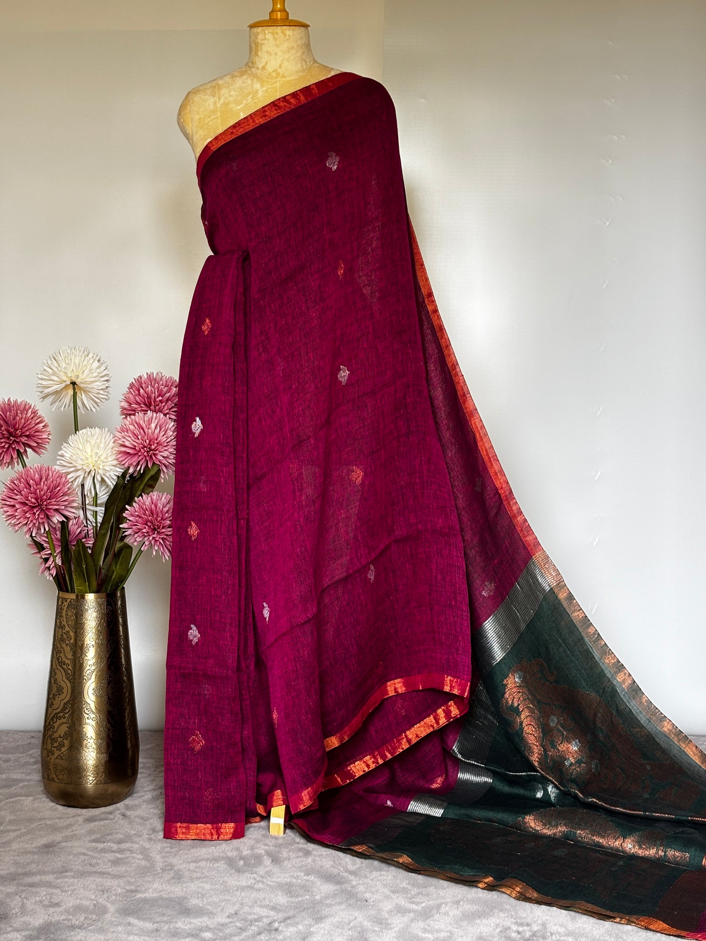 Magenta and Green Linen Saree