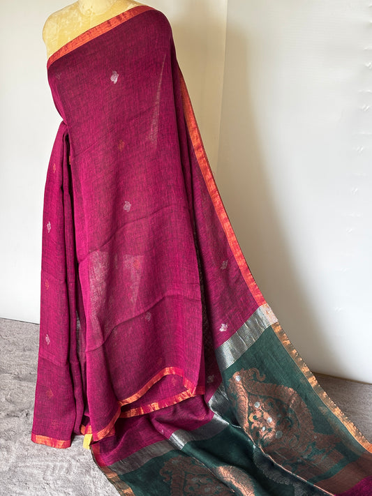 Magenta and Green Linen Saree