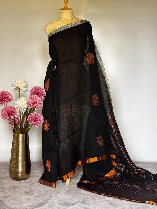 Rose Linen Saree- Black- Design 2