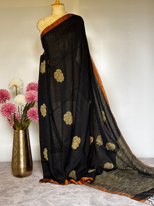Rose Linen Saree - Black- Design 1
