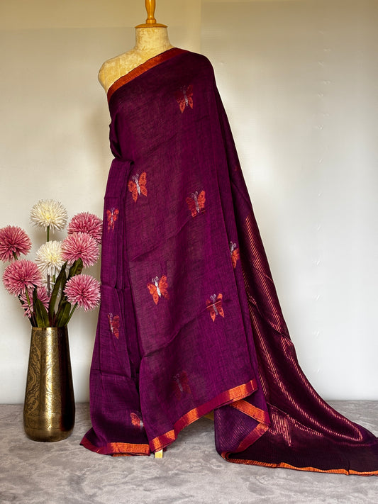 Butterfly Linen Saree - Purple