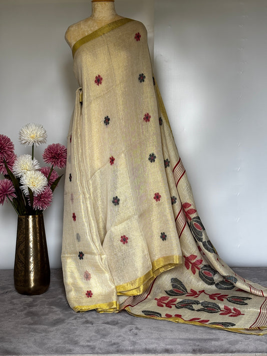 Off White Tissue Linen Saree with black and red weaving
