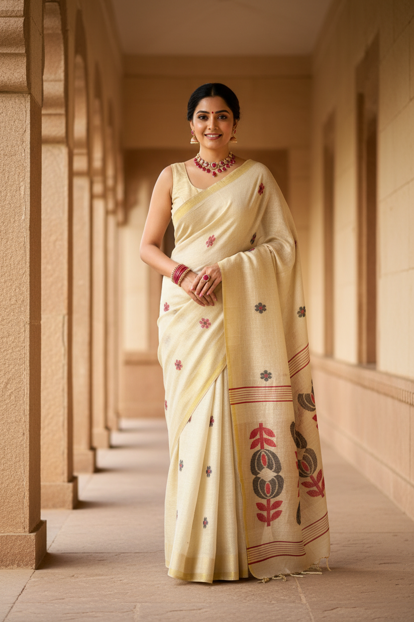 Mild Golden Tissue Linen Saree with black and red weaving