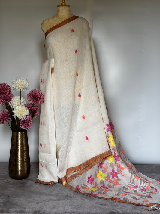 Off White Linen Jamdani Saree