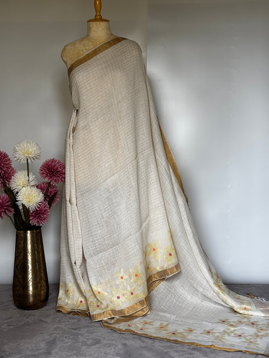 Off White Linen Jamdani - Flower Border