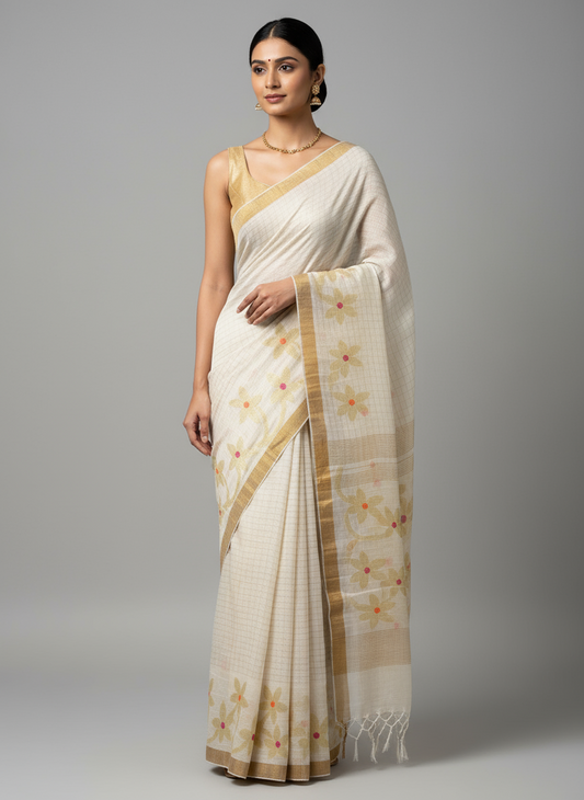 Off White Linen Jamdani - Flower Border