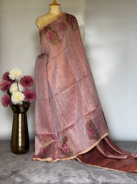 Peach Tissue Linen Saree- Banarasi