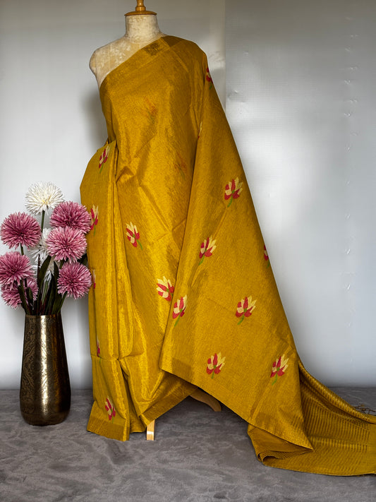 Yellow Tissue Linen Saree- Lotus
