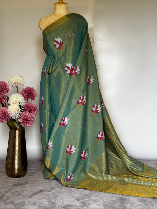 Bluish Green Tissue Linen Saree- Lotus